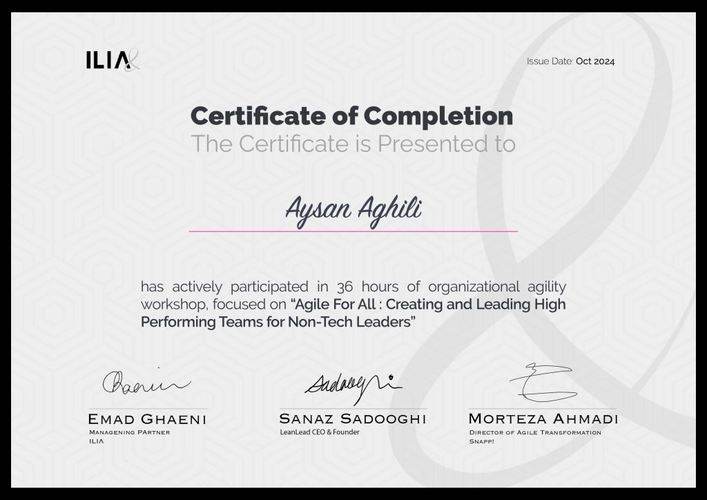 Aysan Aghili's Certificates from the Agile for All Course