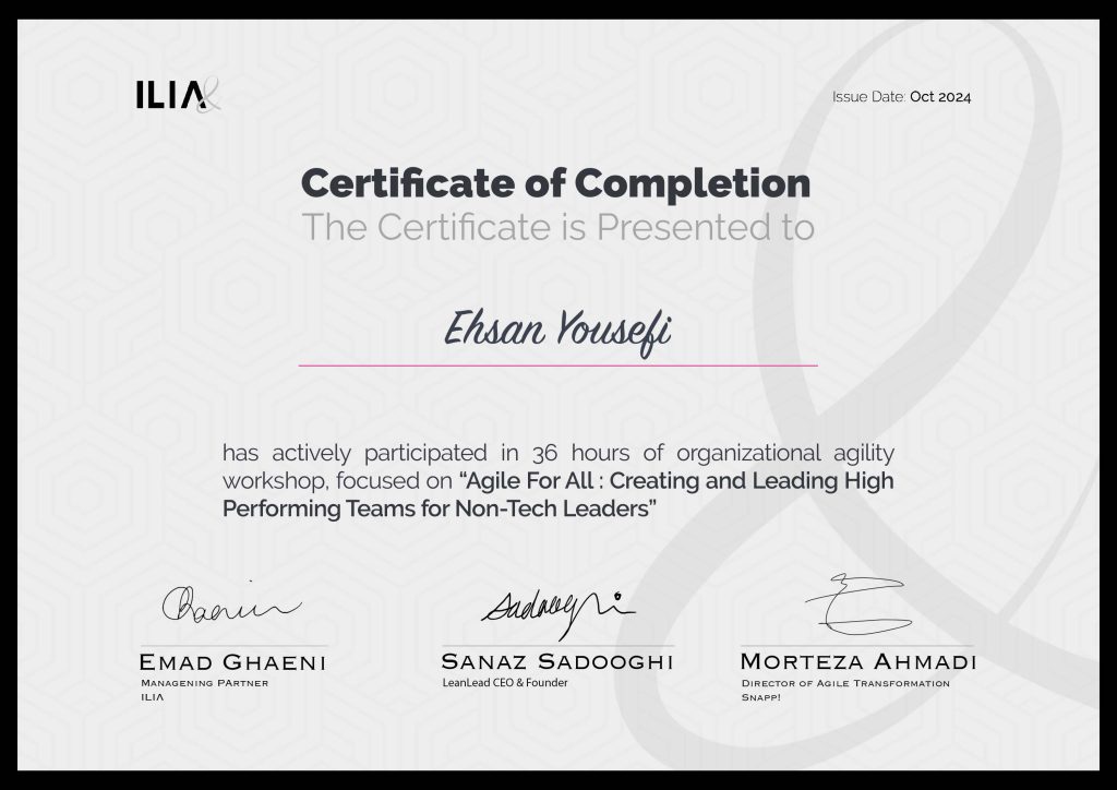 Ehsan Yousefi's Certificates from the Agile for All Course