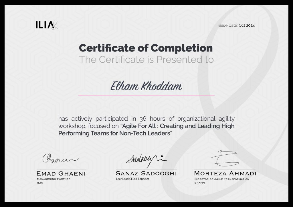 Elham Khoddam's Certificates from the Agile for All Course