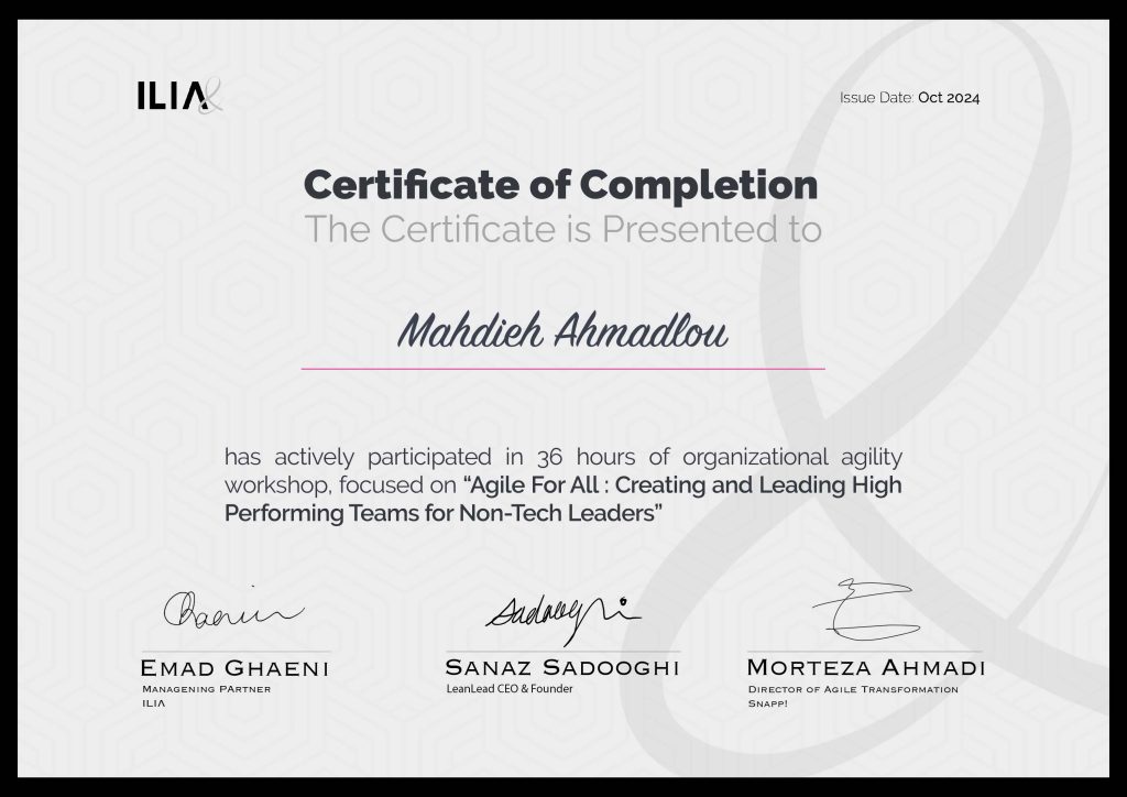 Mahdieh Ahmadlou's Certificates from the Agile for All Course