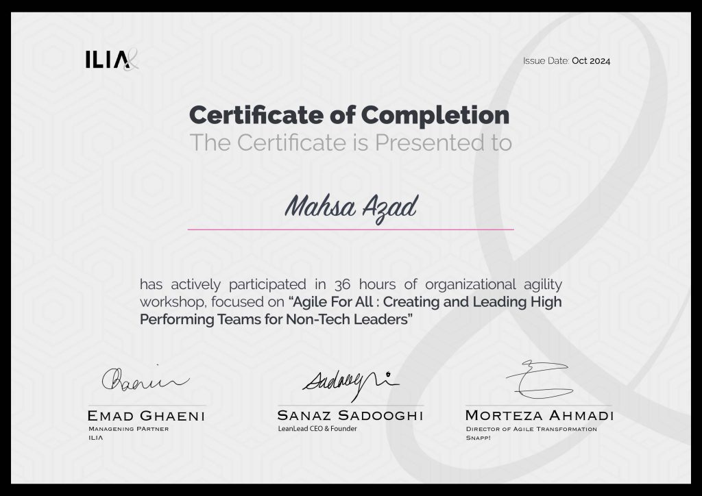 Mahsa Azad's Certificates from the Agile for All Course