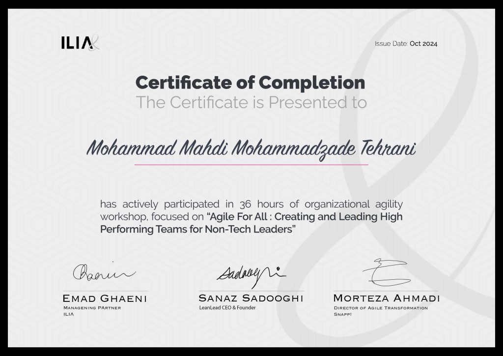 Mohammad Mahdi Mohammadzade Tehrani's Certificates from the Agile for All Course