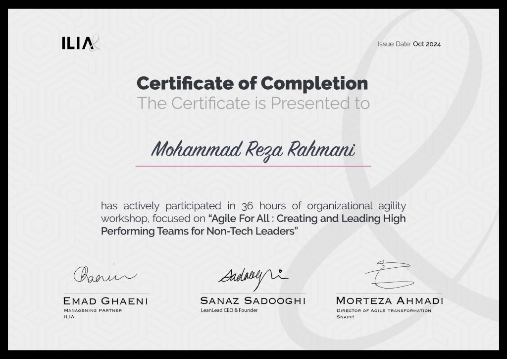 Mohammad Reza Rahmani's Certificates from the Agile for All Course